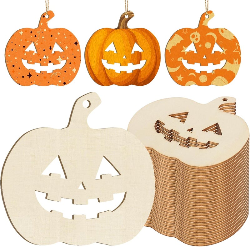 Sophena Wooden Pumpkins Ornaments to Paint Halloween Thanksgiving Decoration Cutouts Unfinished 24PCS, DIY Blank Unfinished Pumpkin Wood Discs Ornament for Home Harvest Crafts Hanging Autumn Decorations - Image 1